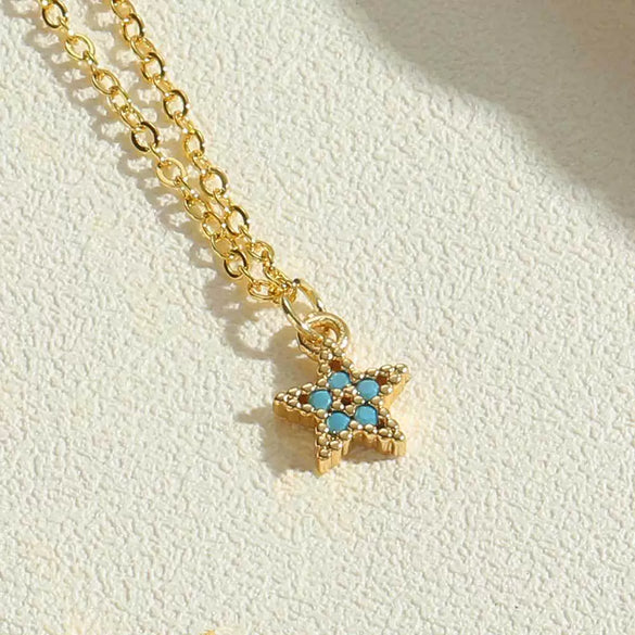 Wholesale Copper Zircon Fivepointed Star Pendant Necklace With Mixed Gem Inlay And Electroplating Treatment For Women