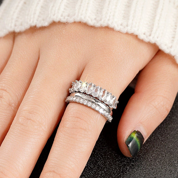 Wholesale Copper Zircon Geometric Light Luxury Ring Threepiece Set For Women