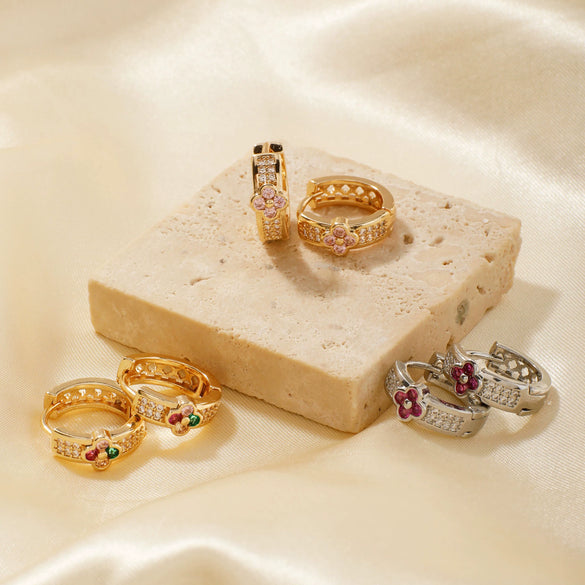 Wholesale Copper Zircon Geometric Round Four Leaf Flower Women's Earrings