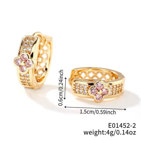 Wholesale Copper Zircon Geometric Round Four Leaf Flower Women's Earrings