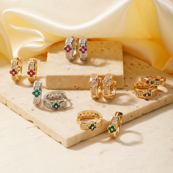 Wholesale Copper Zircon Geometric Round Four Leaf Flower Women's Earrings