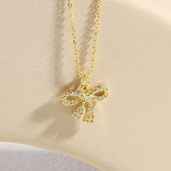 Wholesale Copper Zircon Inlaid Bow Pendant Ochain Necklace For Women Sweet Style Jewelry