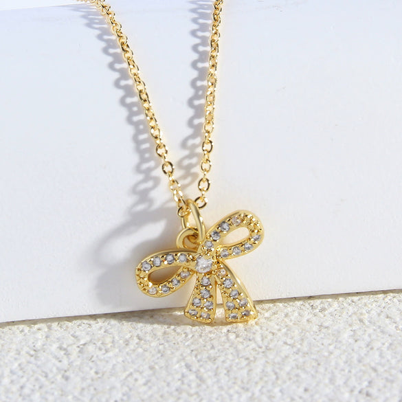 Wholesale Copper Zircon Inlaid Bow Pendant Ochain Necklace For Women Sweet Style Jewelry