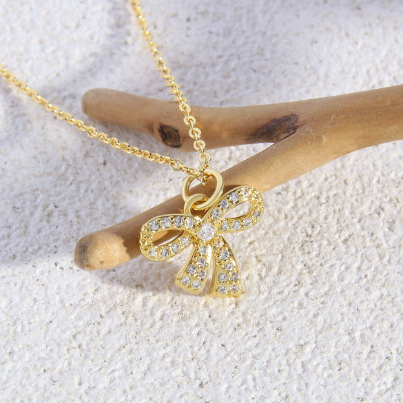 Wholesale Copper Zircon Inlaid Bow Pendant Ochain Necklace For Women Sweet Style Jewelry