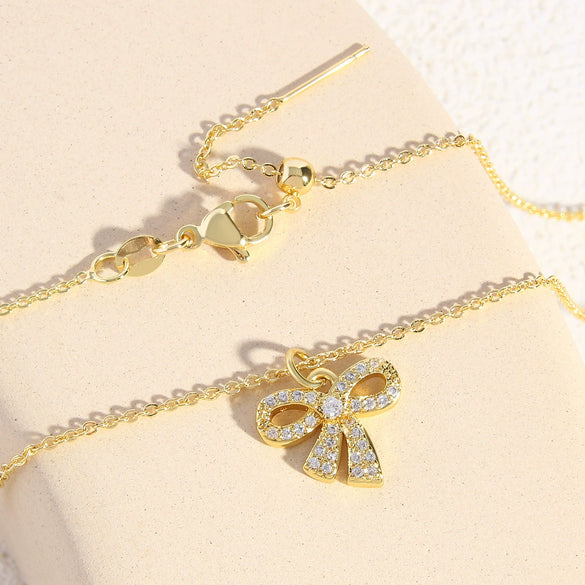Wholesale Copper Zircon Inlaid Bow Pendant Ochain Necklace For Women Sweet Style Jewelry