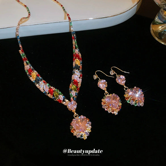 Wholesale Copper Zircon Love Water Drops Bells Micropaved Light Luxury Pendant Necklace Earrings Set