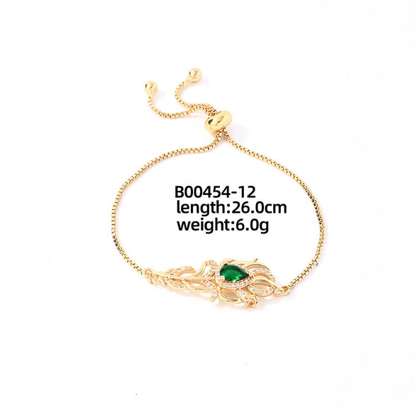 Wholesale Copper Zirconia Heart Shape And Leaves Wave Pattern Small And Fresh Style Women's Bracelet