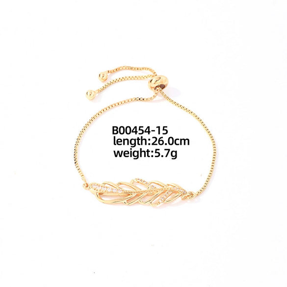 Wholesale Copper Zirconia Heart Shape And Leaves Wave Pattern Small And Fresh Style Women's Bracelet