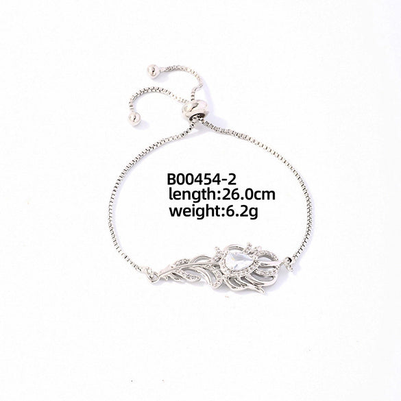 Wholesale Copper Zirconia Heart Shape And Leaves Wave Pattern Small And Fresh Style Women's Bracelet