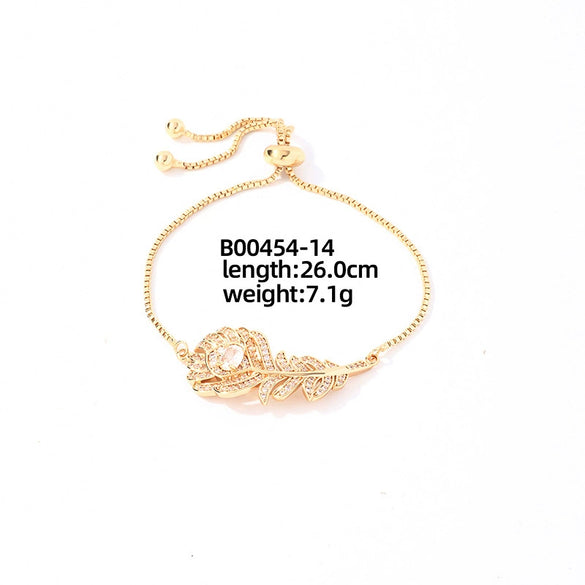Wholesale Copper Zirconia Heart Shape And Leaves Wave Pattern Small And Fresh Style Women's Bracelet