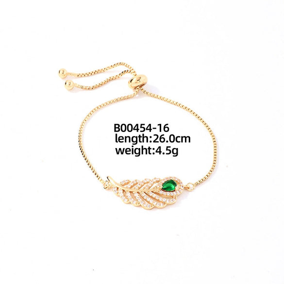 Wholesale Copper Zirconia Heart Shape And Leaves Wave Pattern Small And Fresh Style Women's Bracelet