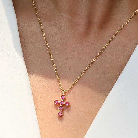 Wholesale Copper Zirconium December Birthstone Cross Pendant Necklace With Ochain And Electroplating