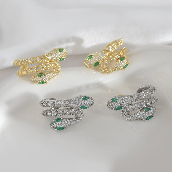 Wholesale Copperplated Animal Snakeshaped Earrings With Emerald Zircon For Unisex Highend Retro Design