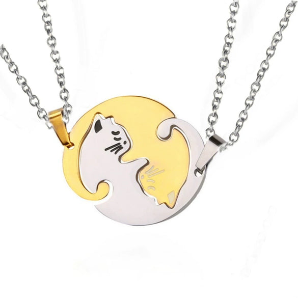 Wholesale Couple Necklace Titanium Steel Cat Hug Heart Electroplating Design
