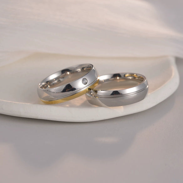 Wholesale Couple Pair Ring Titanium Steel Double Color Diamond Geometric Electroplated Wedding Jewelry