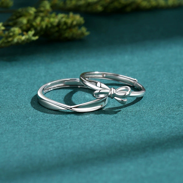 Wholesale Couple Pair 925 Silver Heart Knot Entangled Bow Open Ring With Electroplating Design