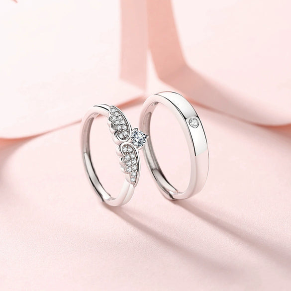 Wholesale Couple Ring S925 Sterling Silver Cupid's Wing Opening Design With Diamond