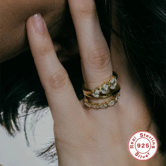 Wholesale Couple Ring S925 Sterling Silver Geometric Double Diamond Real Gold Plated