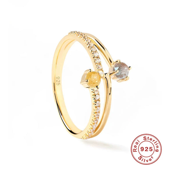 Wholesale Couple Ring S925 Sterling Silver Geometric Double Diamond Real Gold Plated