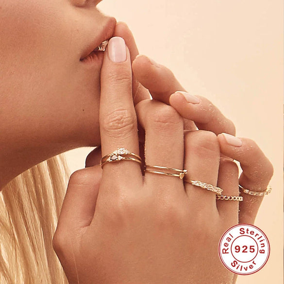 Wholesale Couple Ring S925 Sterling Silver Geometric Double Diamond Real Gold Plated