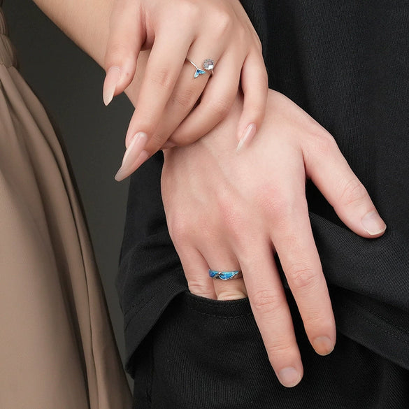 Wholesale Couple S925 Sterling Silver Moonstone Epoxy Glitter Blue Enamel Rings For Women