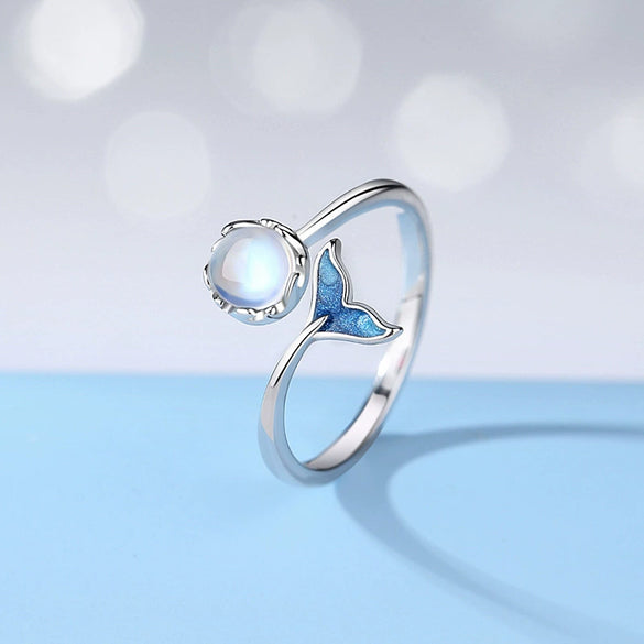 Wholesale Couple S925 Sterling Silver Moonstone Epoxy Glitter Blue Enamel Rings For Women