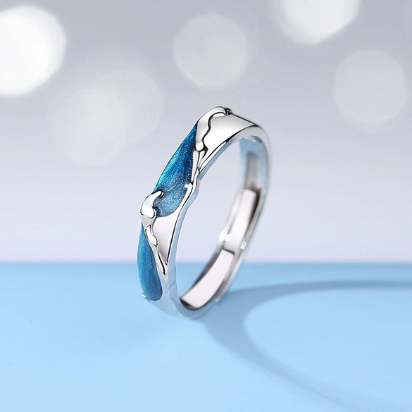 Wholesale Couple S925 Sterling Silver Moonstone Epoxy Glitter Blue Enamel Rings For Women