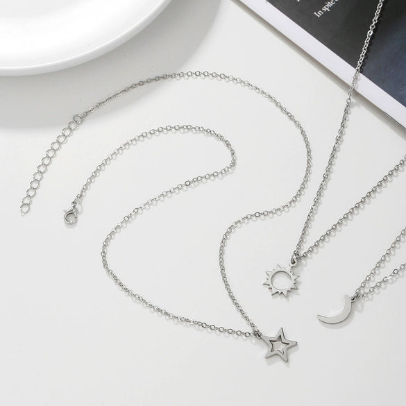 Wholesale Couple Stainless Steel Handmade Sun And Moon Star Necklace With O Shaped Chain