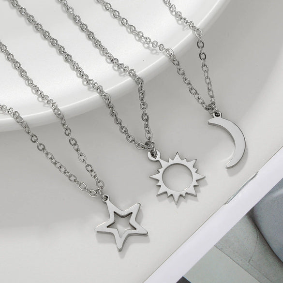 Wholesale Couple Stainless Steel Handmade Sun And Moon Star Necklace With O Shaped Chain