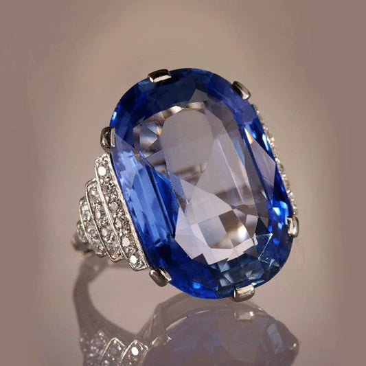 Wholesale Couple Style Copper Inlaid Sapphire Blue Topaz Goose Egg Ring And Bracelet With French Retro Geometric Design
