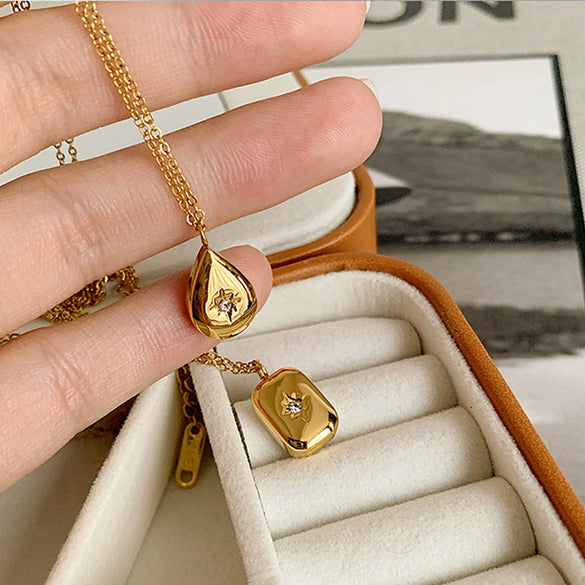 Wholesale Couple Titanium Steel And Stainless Steel Electroplated Water Drop Square Pendant Oshaped Chain Clavicle Necklace Jewelry For Women