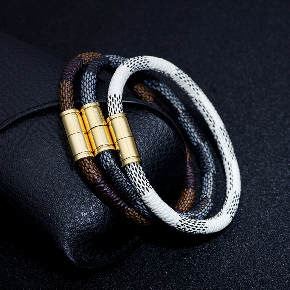 Wholesale Couple Unisex Leather Geometric Striped Alloy Magnetic Buckle Electroplated Bracelet