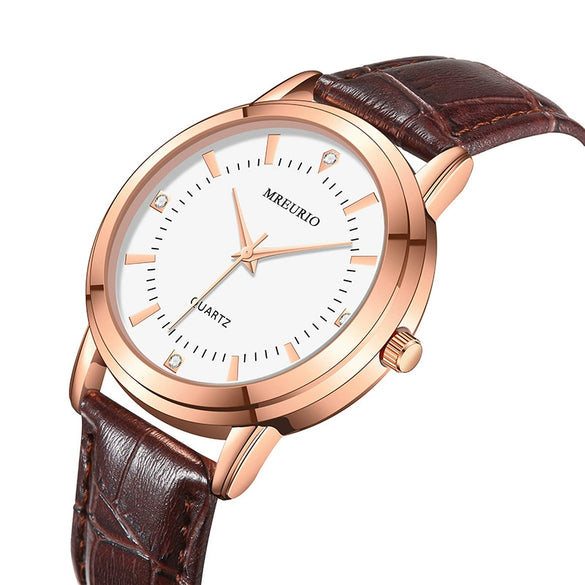 Wholesale Couple Watches With Metal Case Imitation Leather Strap And Stainless Steel Pin Buckle Round Dial
