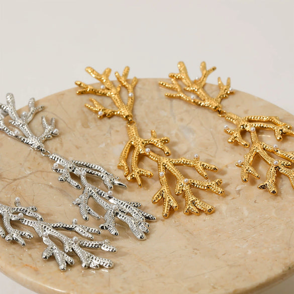 Wholesale Creative Exaggerated Coral Style Geometric Stainless Steel Long Earrings With Electroplating For Women