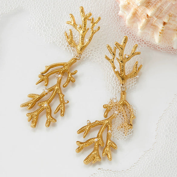 Wholesale Creative Exaggerated Coral Style Geometric Stainless Steel Long Earrings With Electroplating For Women