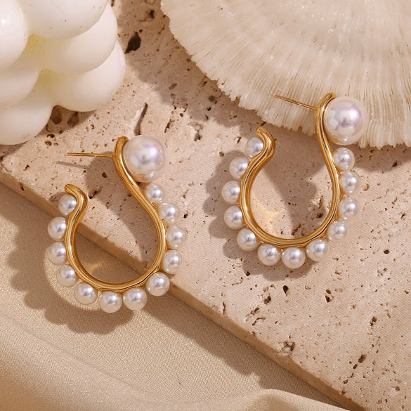 Wholesale Creative Fashion Earrings Stainless Steel 18K Gold Plated Exaggerated Pearl Question Mark Hook For Women Geometric Style Electroplated