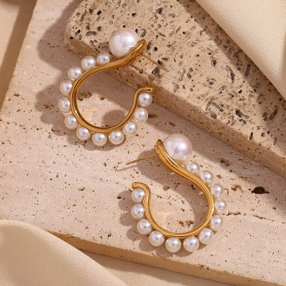 Wholesale Creative Fashion Earrings Stainless Steel 18K Gold Plated Exaggerated Pearl Question Mark Hook For Women Geometric Style Electroplated
