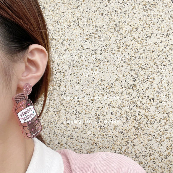 Wholesale Creative Painted Printing Pink Bottle Exaggerated Acrylic Earrings For Women