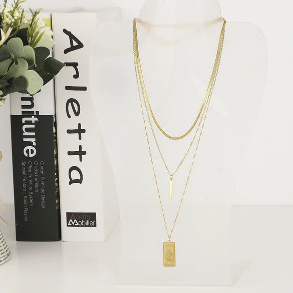 Wholesale Creative Square Face Avatar Titanium Steel Necklace With Electroplating Multi Layer Simple Sweater Chain