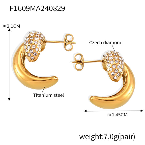 Wholesale Crescent Curved Creative Spell Drill Titanium Steel Earrings With 18K Real Gold Electroplated Finish For Women Geometric Style