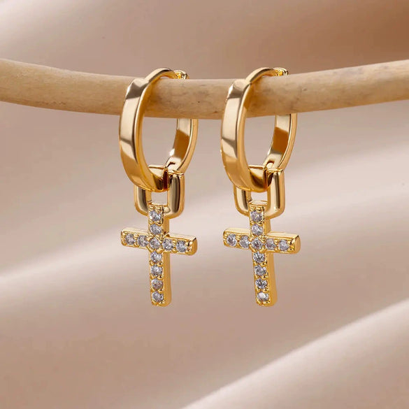 Wholesale Cross Pendant Earrings Geometric Shape Stainless Steel 18K Gold Plated Electroplating For Women