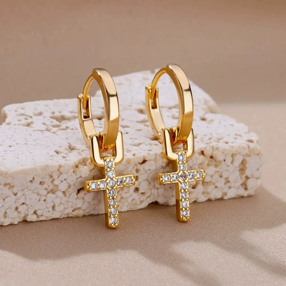 Wholesale Cross Pendant Earrings Geometric Shape Stainless Steel 18K Gold Plated Electroplating For Women