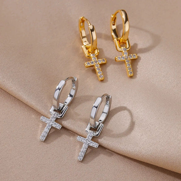 Wholesale Cross Pendant Earrings Geometric Shape Stainless Steel 18K Gold Plated Electroplating For Women