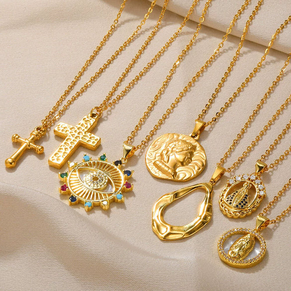 Wholesale Cross Portrait Round Geometric Stainless Steel Ochain Pendant Necklace Electroplated For Men And Women