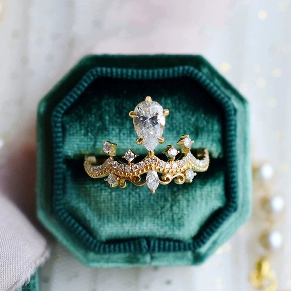 Wholesale Crown Ring Copper Zirconia Water Drop Pear Shaped Engagement Ring For Women