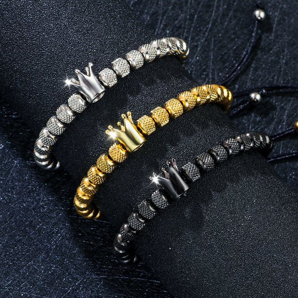Wholesale Crown Style Titanium Steel Beaded Pineapple Bead Hand Woven Adjustable Electroplated Men's Bracelet