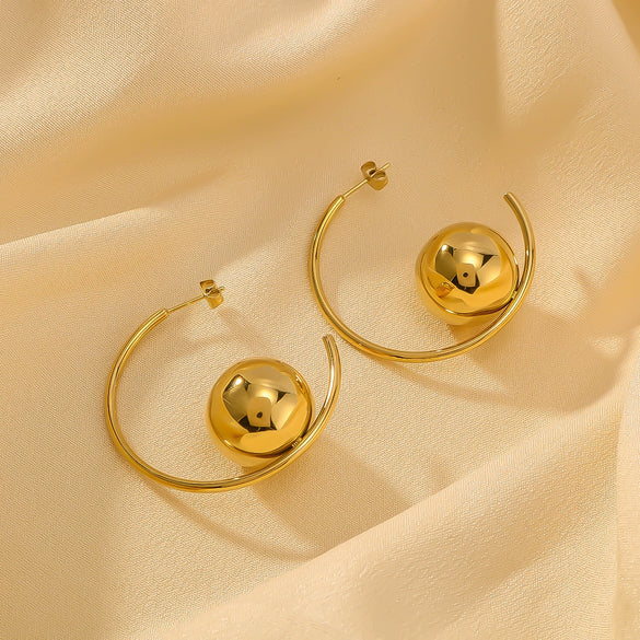Wholesale Cshaped Hollow Stainless Steel Earrings With Round Ball Design And Geometric Shape 18K Vacuum Plated In Furnace For Women