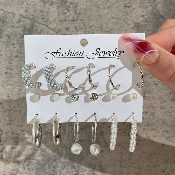 Wholesale Cshaped Imitation Pearl Earrings Set Alloy Animal Zodiac Pattern Set With Diamonds Retro Women's