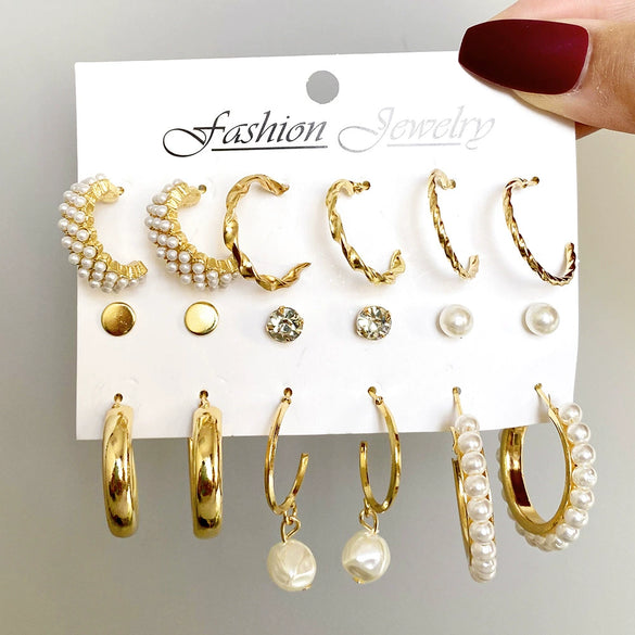 Wholesale Cshaped Imitation Pearl Earrings Set Alloy Animal Zodiac Pattern Set With Diamonds Retro Women's