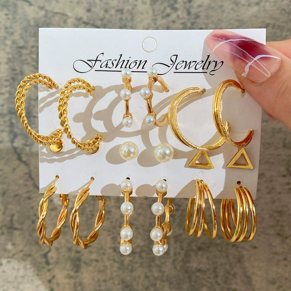 Wholesale Cshaped Imitation Pearl Earrings Set Alloy Animal Zodiac Pattern Set With Diamonds Retro Women's
